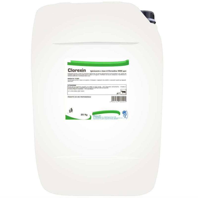 Detergent lichid pe baza de digluconat de clorhexidina pentru igienizarea mameloanelor animalelor de lapte înainte și după muls Clorexin 25 Litri