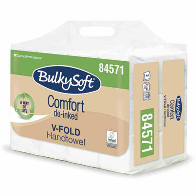 Pachet de servețele de hârtie pliata in V Bulky Soft Comfort, 12 pachete a 250 servetele, certificat Ecolabel.